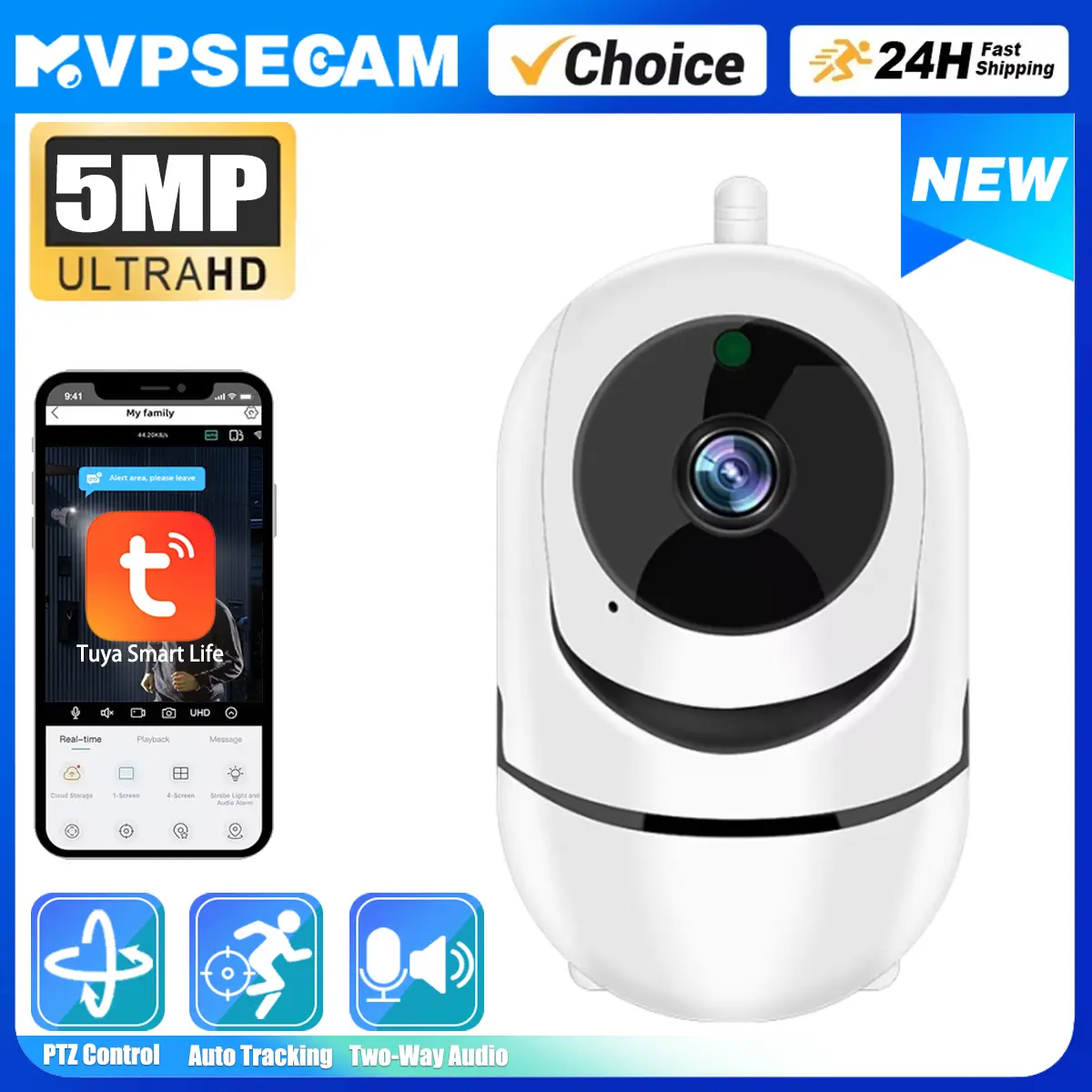 Tuya Smart Home 5MP Wifi IP Camera Baby Monitor 360° PTZ Motion Detection Auto Tracking Two Way Audio Night Vision PTZ Control