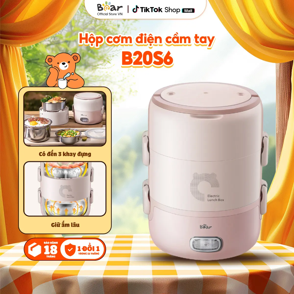 Hộp cơm điện cầm tay đa năng Bear DFH-B20S6 (2L)- Bản Tiếng Việt