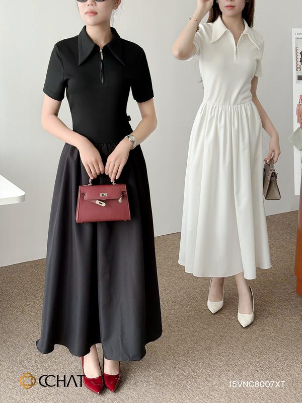 Váy Thun Nữ CCHAT Phối Pony Dáng Xòe Cổ Đức Chất Thun Mát Co Giãn 15VNC8007XT