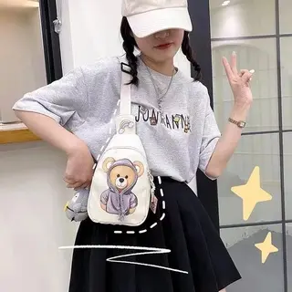 Tas Pinggang Waistbag Selempang SlingbagAnak Wanita Printed Bear Lucu Impor Kanvas 2
