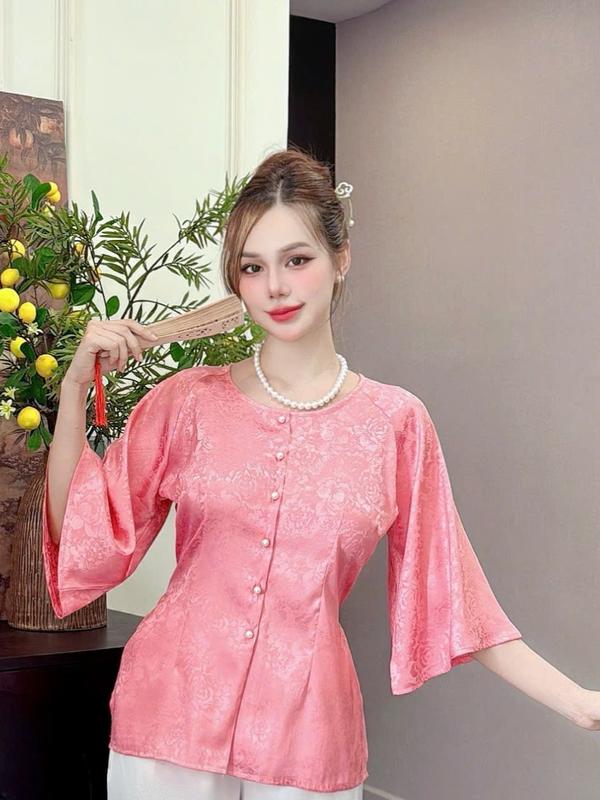 Anh Mỹ - Áo lẻ bà ba nữ cổ tròn tay lỡ chất liệu vải gấm SP0339-01 freesize M L XL