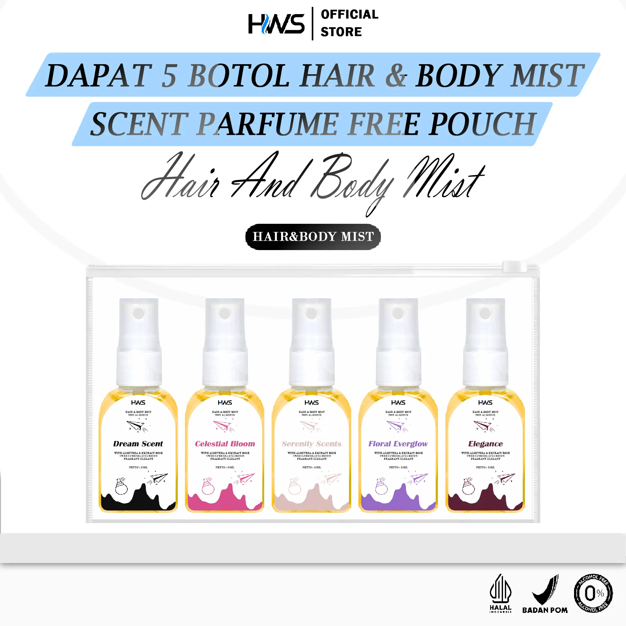Perfume  Wangi  [Best Seller] Dapat 5 Botol Parfum Hair & Body Fragrance Mist Hws Parfum 30mL with Vitamin E and Aloe Vera
