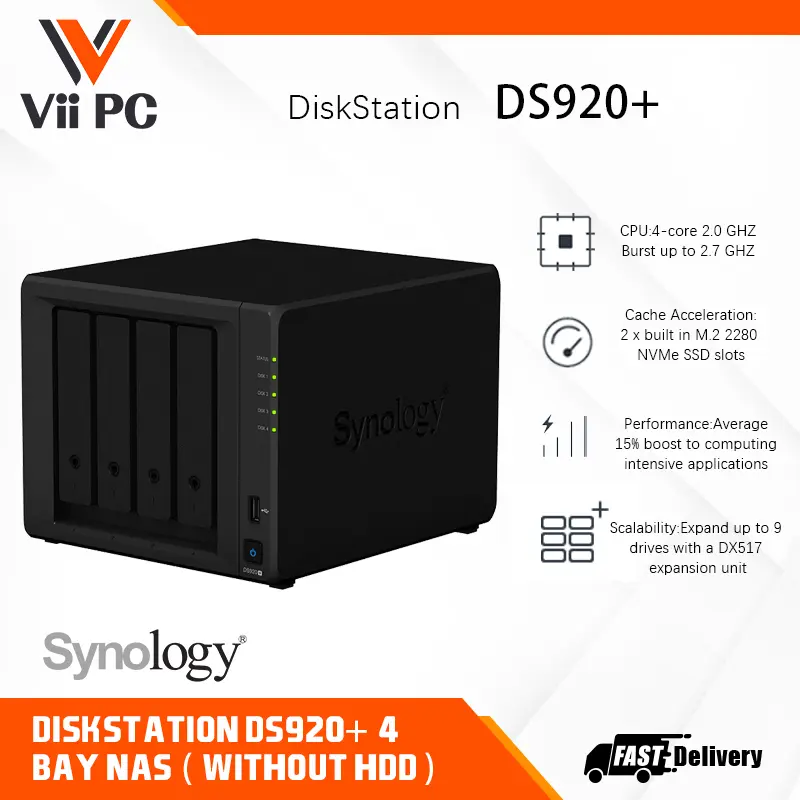 Synology DiskStation DS920+ 4-Bay NAS ( without HDD )-Quad Core 2.0 GHz (turbo to 2.7 GHz), 4GB RAM (up to 8GB)