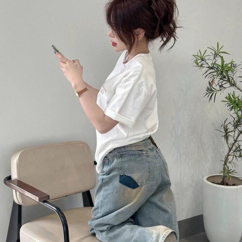 ￼-MÃ 30 XANH không co giãn  - Quần Jeans Nữ Lưng Cao Ống Suông Dáng Dài Thêu Túi 55-90kg BIGSIZE dài quần 1m05cm