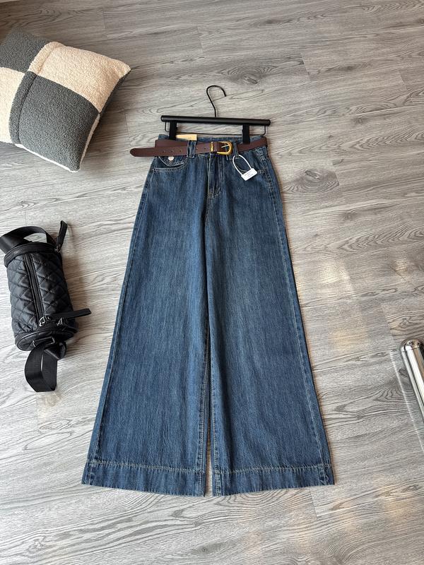  Quần jean suông loe  QCCC  nấm lùn kèm đai phối mạc nâu không co giãn 