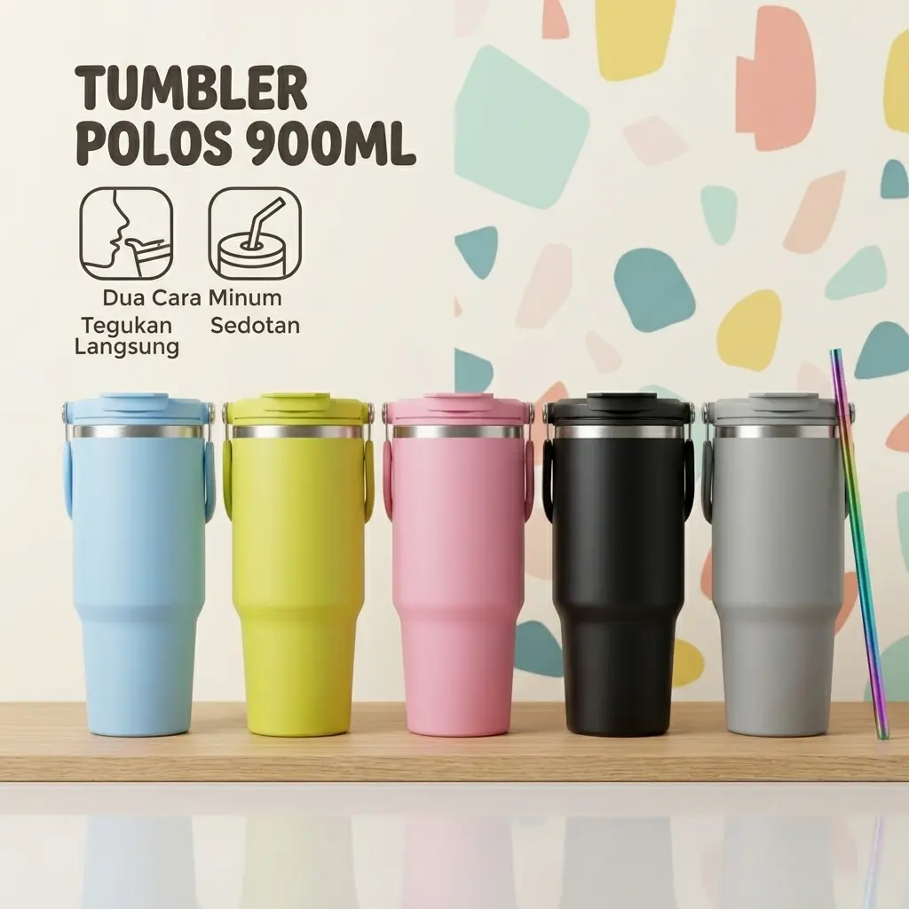 DH Tumbler Polos 900ml Stainless Steel Tahan Panas Dingin 2 Cara Minum Sedotan & Teguk