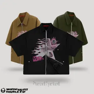 DTRT - Workshirt Kemaja Double Zipper Boxy fit Overiszed Tangan Pendek Skena Pria Spike Unisex - Free Gift