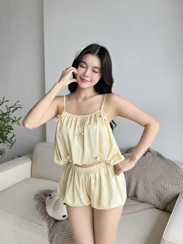 BX09 Bộ Áo Bí Đính Nơ Xinh Xắn Mặc Nhà Đồ Ngủ Cao Cấp BRAXINH