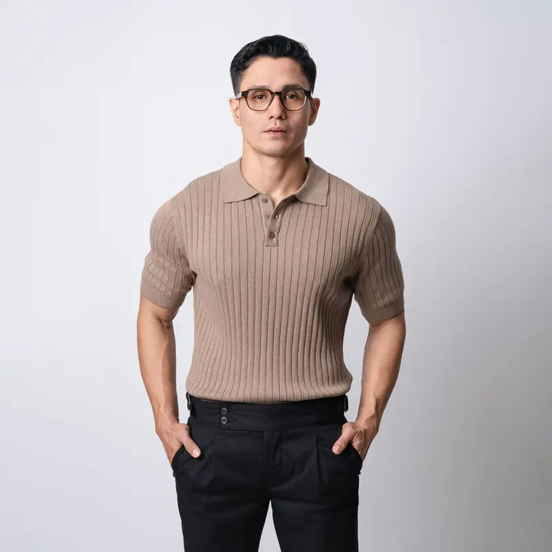 VENGOZ Polo Shirt Rajut Pria - Mens Polo Shirts Striped Light Brown 1