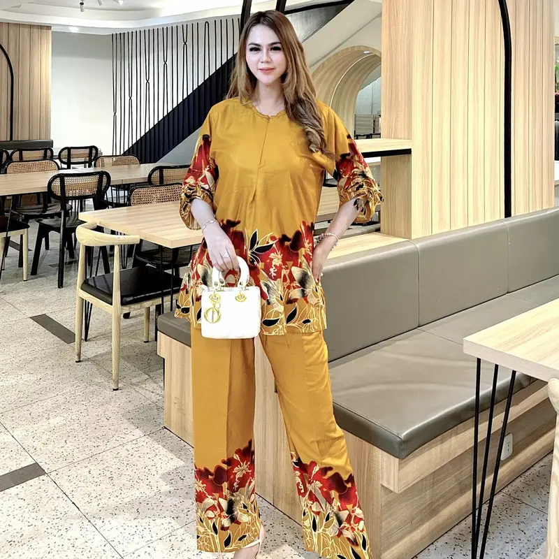 Setelan Celana Panjang Wanita Dewasa Kain Rayon Lembut Lengan Serut Printing Pekalongan Motif Mahkota Garis Warna 6