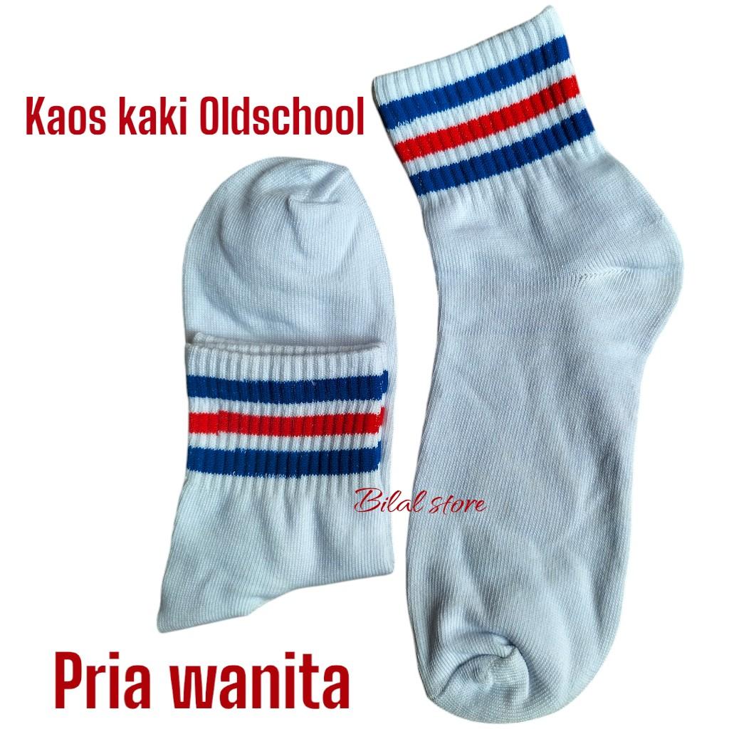 Kaos Kaki Oldschool Putih Strip Garis Tiga Pendek Atas Mata Kaki - 1 Pasang Pria Wanita Katun Nyaman Lembut