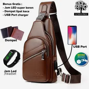 Tas selempang pria kulit distro keren anti air original dan murah free dompet jam LED atau headset USB Port/jsnbrw | Hot Item