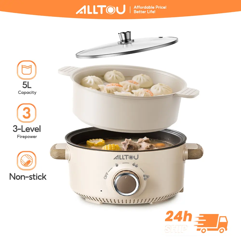 ALLTOU Panci Elektrik Kukusan Serbaguna Electric Pot Low Watt 700W 5 Liter Anti Lengket 3 Pengaturan Suhu Bergaransi 1 Tahun