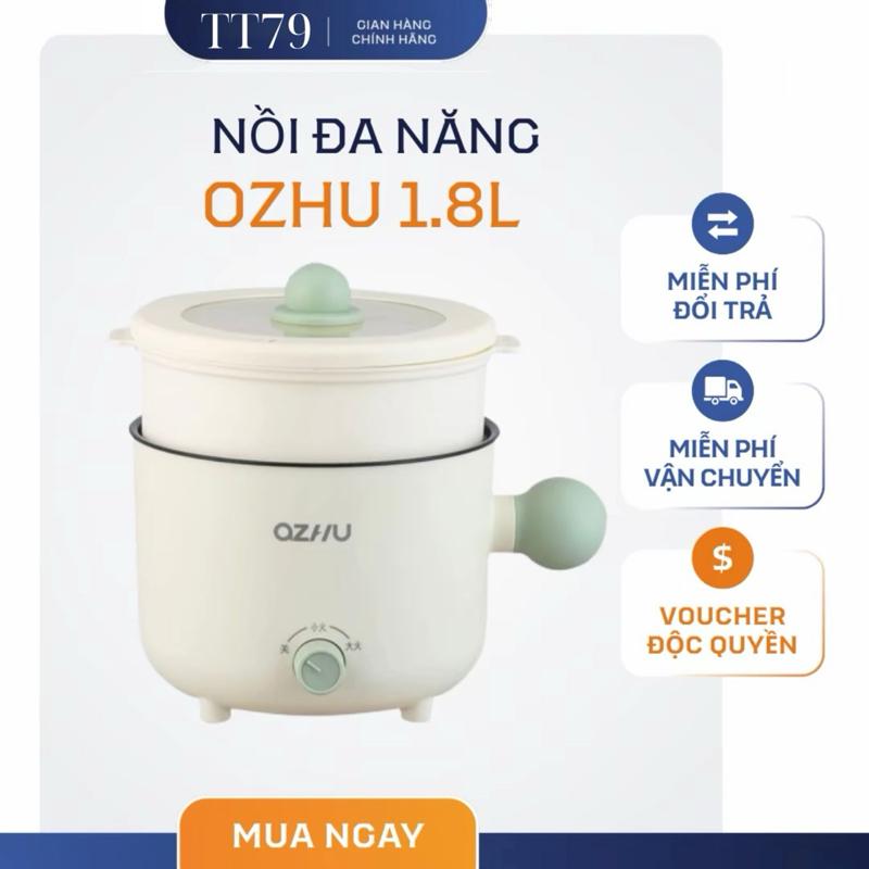 Nồi Lẩu Điện Mini Nấu Mì 2 Tầng OZHU Kèm Giá Hấp Đa Năng Nướng Luộc Chiên Chống Dính Vân Đá Tiện Lợi Dung Tích 1,8L Nồi Điện Nấu Ăn Inox