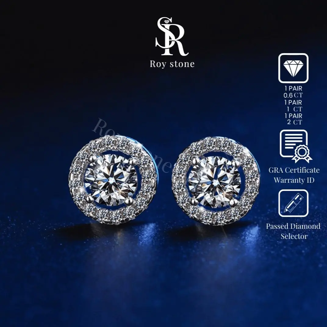 RoyStone - Anting Moissanite Original Wanita Sertifikat GRA Perhiasan Silver Asli Lapis Emas Putih 18K Anti Karat Desain Simpel Elegan Wedding Engagement Earring Birthday Gift_ Luxury Round Earrings - LIVE
