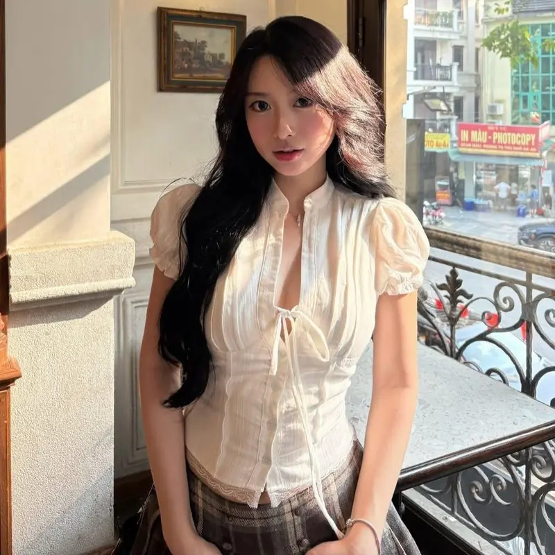 Áo Kiểu Nữ Tay Phồng Xinh Xắn Cổ Tàu Phối Vạt Ren Thắt Dây Nơ Mùa Hè Kimee - KA832