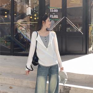 Women's Long Sleeve Mock Two-Piece Top, Casual Loose-Fitting Design, Perfect for Daily Wear & Layering, Stylish Women's Clothing 3647 Womenswear Lingerie Tshirt Basic Fitted Crewneck Minimalist