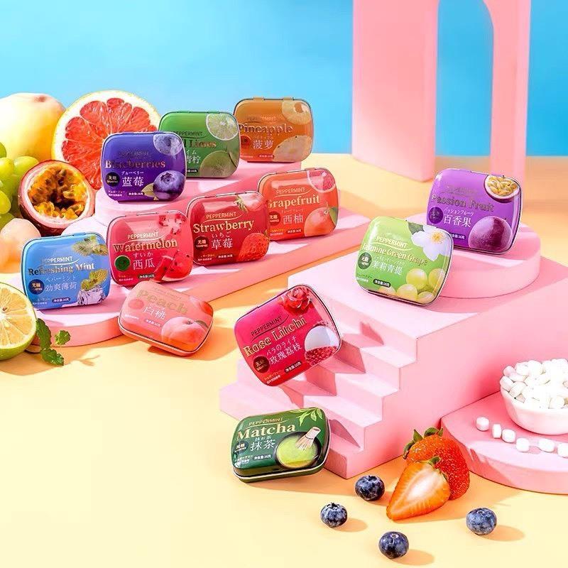 Kẹo Ngậm Bạc Hà Không Đường Hương Trái Cây Hộp Sắt, Kẹo Ngậm Trái Cây 12 Vị, Kẹo Hộp Sắt
