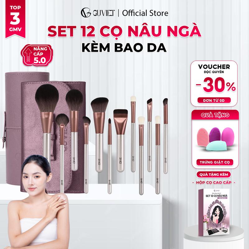  Bộ Cọ Trang Điểm Chuyên Nghiệp Cá Nhân GUVIET  Cosmetic 12 Cây Màu Nâu Ngà Có Bao Da 