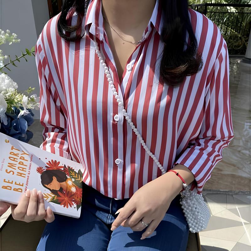 OGM - Outfit Kemeja Wanita Motif Salur Stripe Poly Rayon Nyaman Kekinian 2