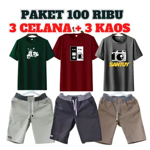 SETELAN 3 Kaos + 3 Celana Pria Baju Santai Murah Bahan Double Polyester Soft & Jova Halus Size Lokal L-XL