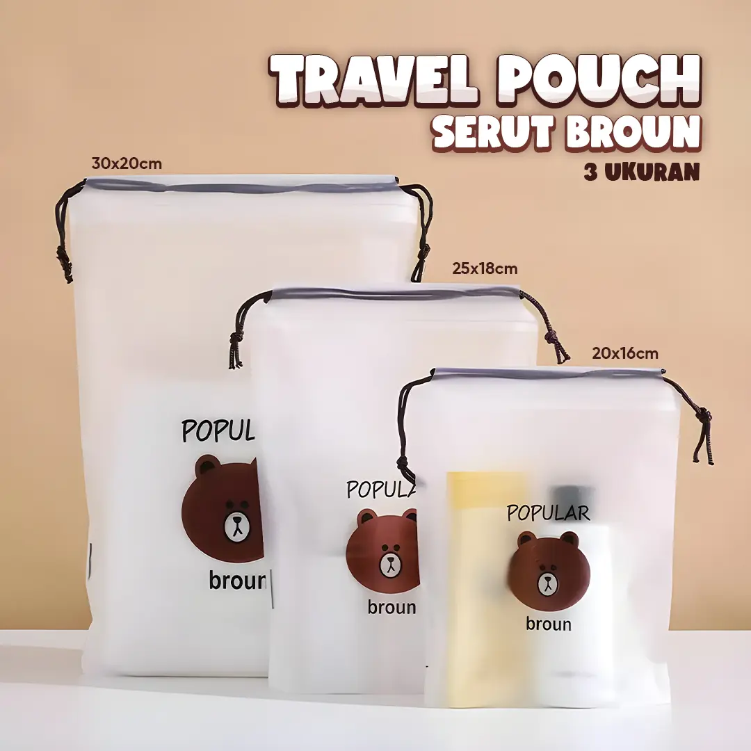 Travel Pouch Serut Broun Organizer Serbaguna / Tas MakeUp Kosmetik Motif / Tas Travel Waterproof Serbaguna