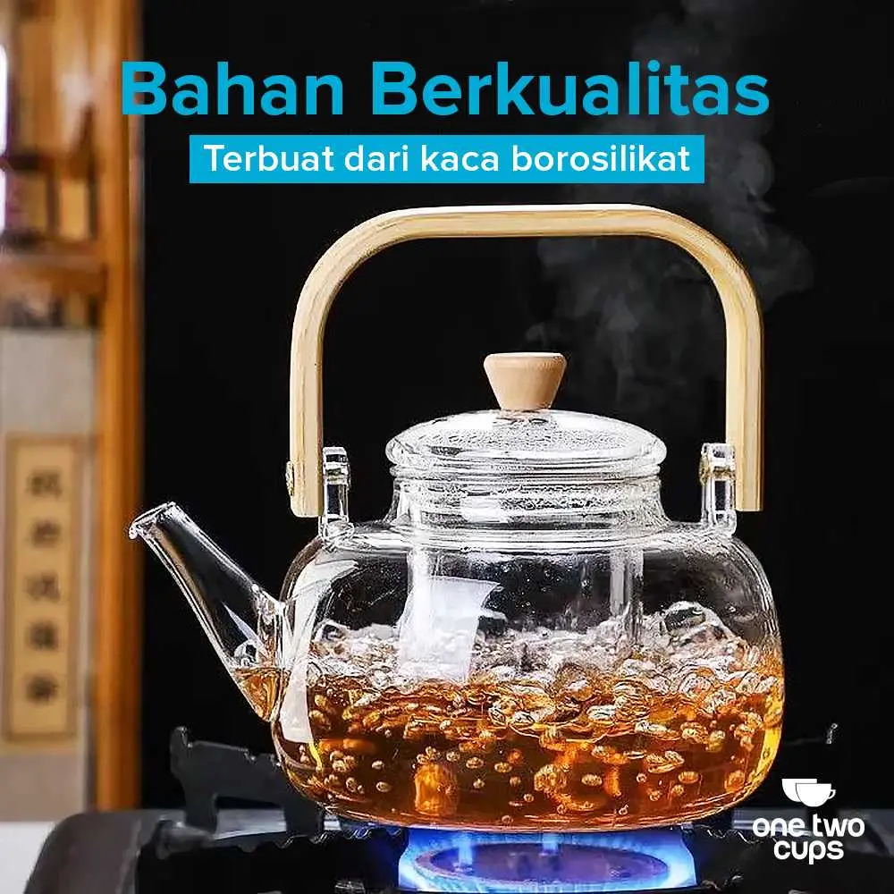 Teko kaca tahan panas api dengan infuser saringan filter teh herbal