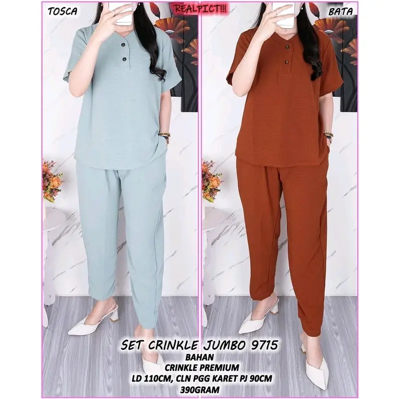 Setelan crinkle wanita celana panjang lengan pendek/ one set wanita kekinian terlaris Airflow Baju Kancing 3