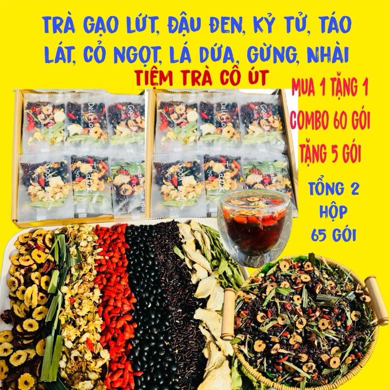 MUA 1 TẶNG 1 Trà gạo lứt 8 vị - Mua 1 hộp combo 30 gói tặng 1 hộp Combo 30 gói và 5 gói. Gồm: Gạo lứt đậu đen gừng táo lát kỷ tử hoa nhài cỏ ngọt lá dứa Tiệm trà cô út nước trà chè Tea chua