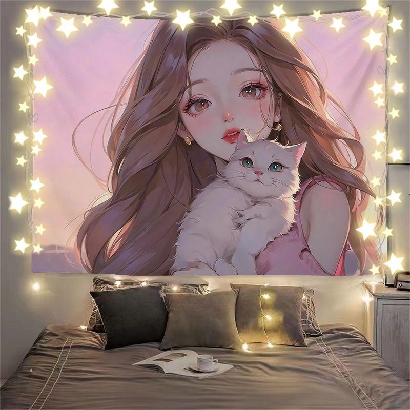 Vải Nền Minh Họa Phong Cảnh Chữa Lành Anime, Thiết Kế Cô Gái Và Mèo, Đồ Trang Trí Phòng Ngủ, Vải Treo Tường Đầu Giường Ký Túc Xá Decor Nhung