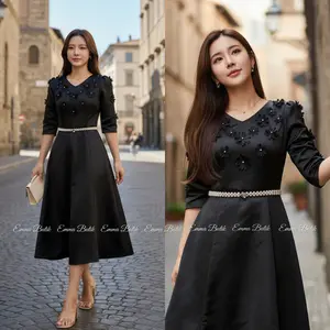 Emma.butik E00437 Gaun Wanita Hitam Putih Paskah Formal Midi Dress Satin Bridal Mewah Pesta Elegan Bunga 3D Anggun Simple Cantik A-line