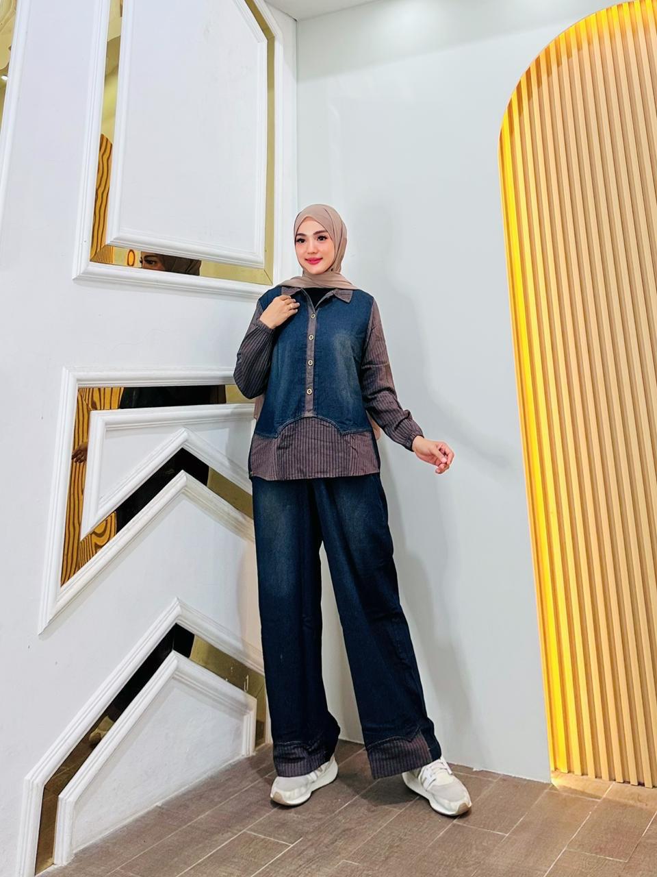 Meiko One Set Celana Jeans Salur Fashion Muslim Wanita Kekinian