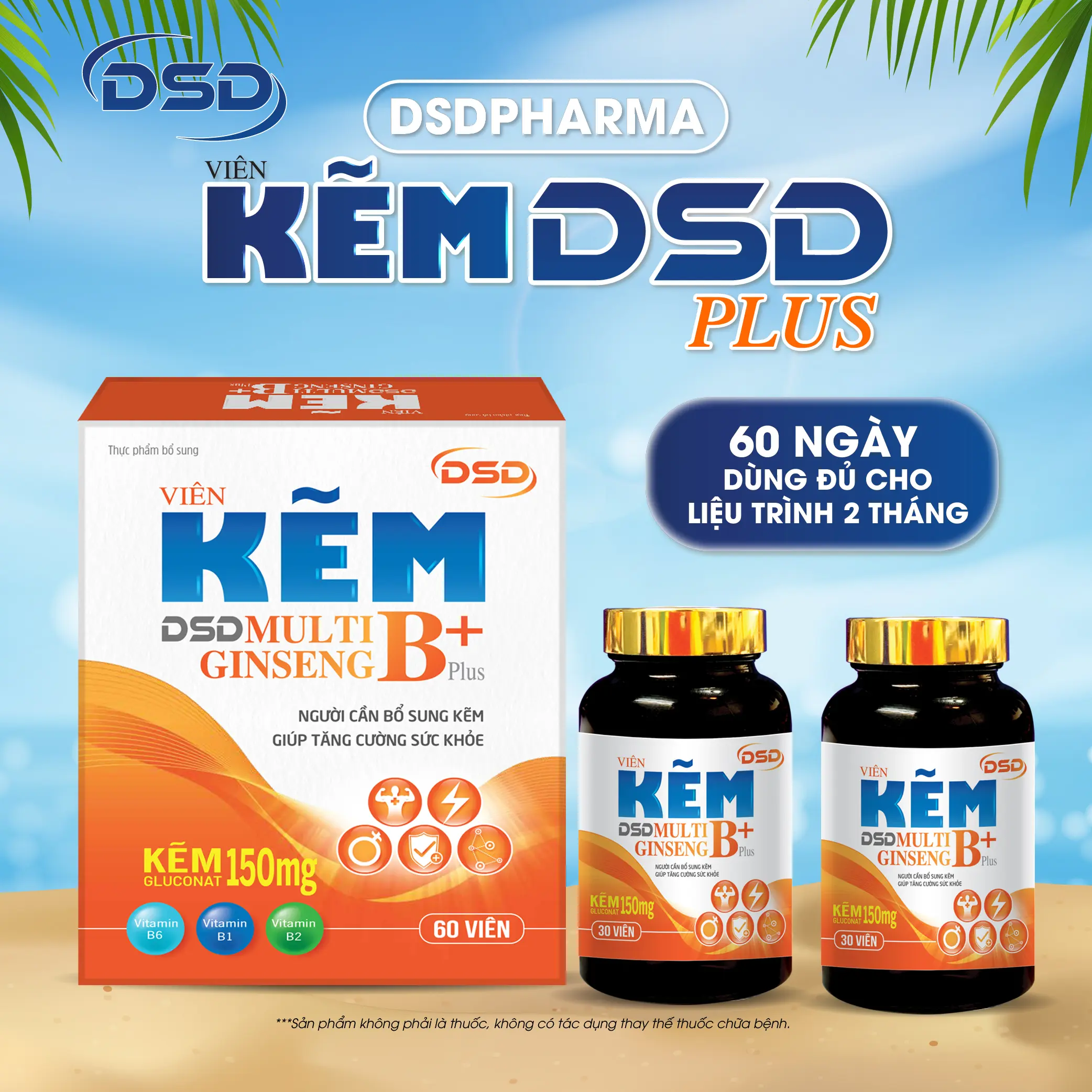 DSDPHARMA Viên Kẽm DSD Plus 60 Ngày Bổ Sung Kẽm 150mg - Bổ Sung Kẽm Biozinc & Vitamin Nhóm B, Nhân Sâm - Hộp 2 Lọ X 30 Viên