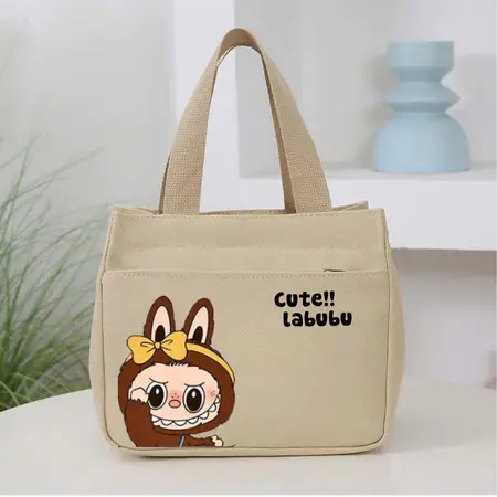 Túi mini đa năng đựng cơm,đựng mỹ phẩm sức chứa lớn vải Canvas phong cách Nhật Bản hoạ tiết Labubu Bag Hoa HAT131 7