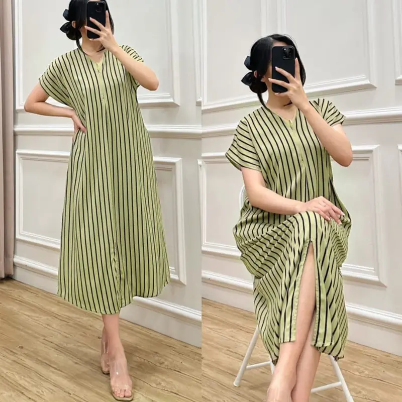 DRESS V NECK WANITA/Dress Salur Rayon Premium/Dress Korea/Dress Kekinian/Dress Busui/Daster Murah 3