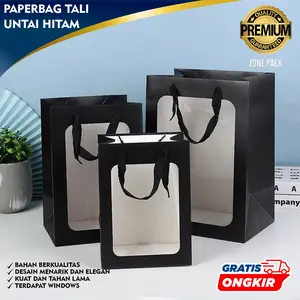 Paper Bag Tali Untai Hitam Windows | Tas Belanja Warna Hitam | Paper Bag Mika Souvenir Ulang Tahun Pernikahan  | Tas Belanja Warna Hitam Kraft | Tas Kado Souvenir | Paperbag Souvenir Bridesmaid