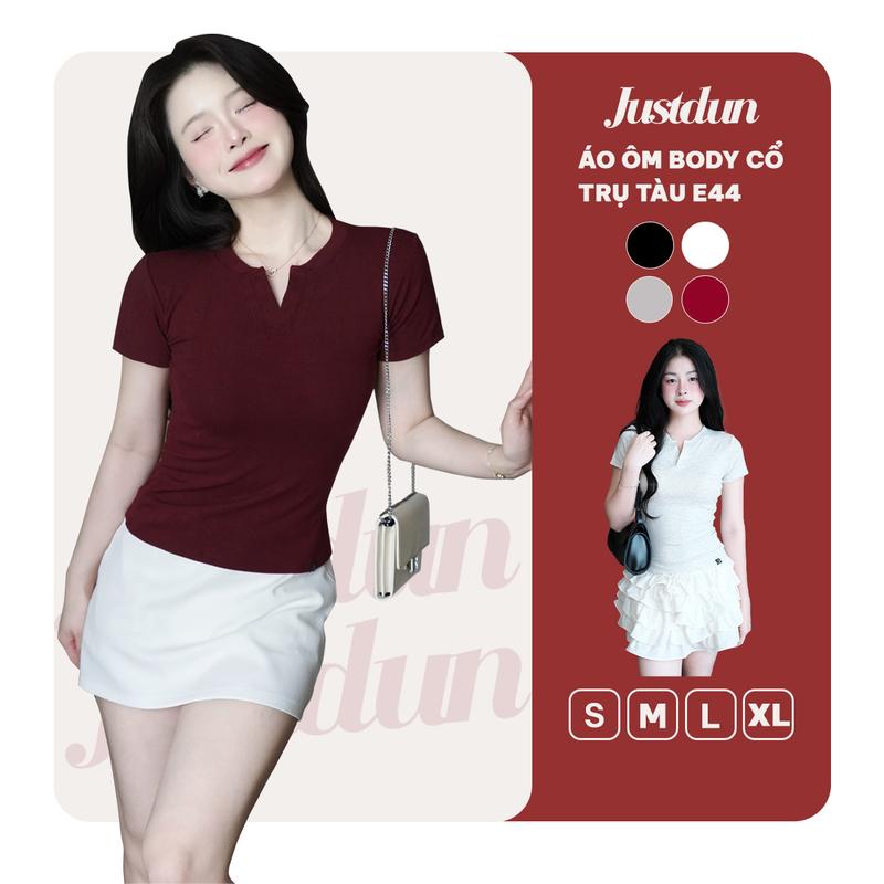 Áo Thun Nữ Ôm Body JUSTDUN E44 – Cổ Trụ Tàu Tay Ngắn Vải Cotton Mềm Mịn Co Giãn 4 Chiều Thoáng Mát