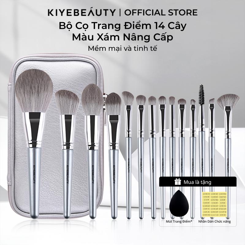Bộ Cọ Trang Điểm Cá Nhân KIYE 14 Cây Màu Xám Chính Hãng Mềm Mại Bám Phấn Kèm Túi Đựng
