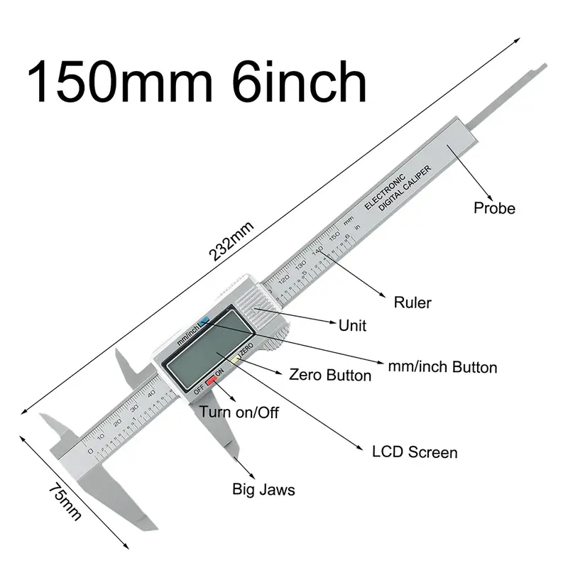 Thước đo điện tử, Phạm vi đo Kích thước 150mm (6 inch), Thước đo Vernier thước kẹp kỹ thuật số, Đồng hồ đo mét 0