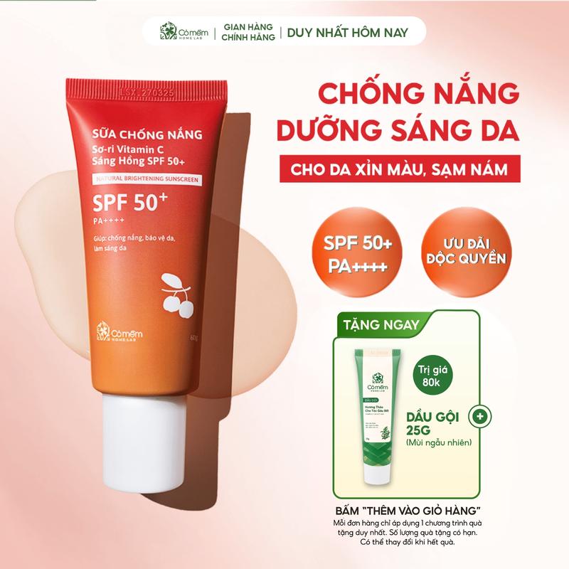 Sữa Chống Nắng Nâng Tone Dưỡng Sáng Da Sơ Ri Vitamin C SPF 50+ PA++++ Cỏ Mềm 60gr