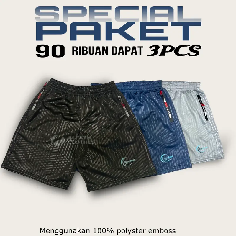 Paket 90 Ribuan 3 Pcs Celana Pria Running Gym Emboss Tebal Olahraga Sport Zipper Alfath Polyster Parasut 0