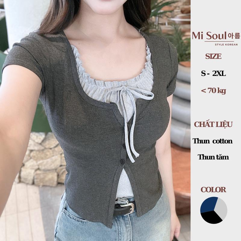 Áo Thun Cộc Tay Cổ Phối Viền Bèo Thắt Nơ Misoul Chất Thun Cotton Mềm Mát, Áo Phối Viền Bèo 2 Lớp BigSize 428