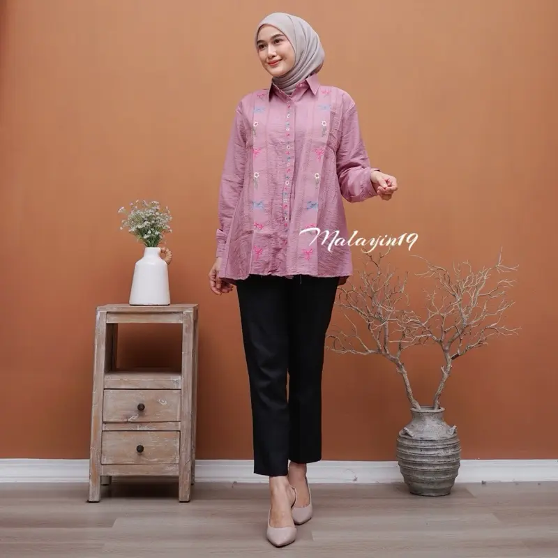 Veronica Kemeja Linen Bordir Atasan Wanita Panjang Casual