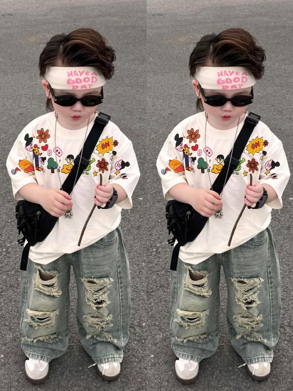 Set áo thun quần bò dài ống xuông rách cho bé trai hoa lá nhiều chi tiết phong cách hàn quốc,TPKIDS M1054