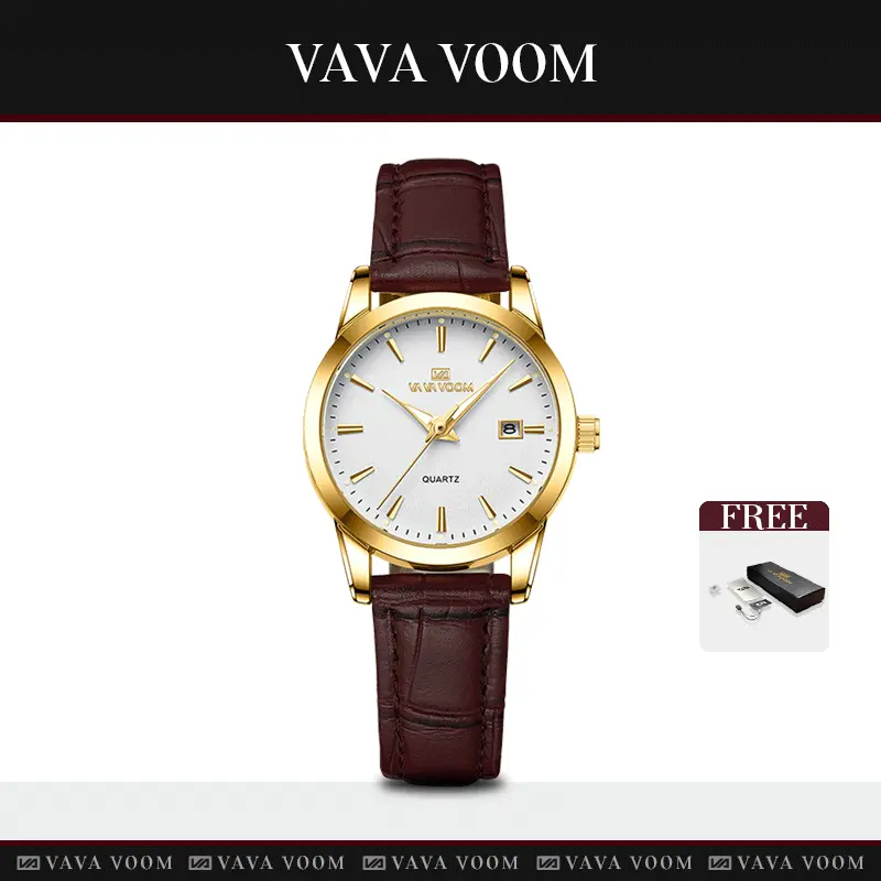 VAVAVOOM Jam Tangan Wanita Kulit Asli Model 2502 dengan Gerakan Kuarsa, Bahan Gesper Stainless Steel dan Kaca Safir Tahan Air Watches jam wanita