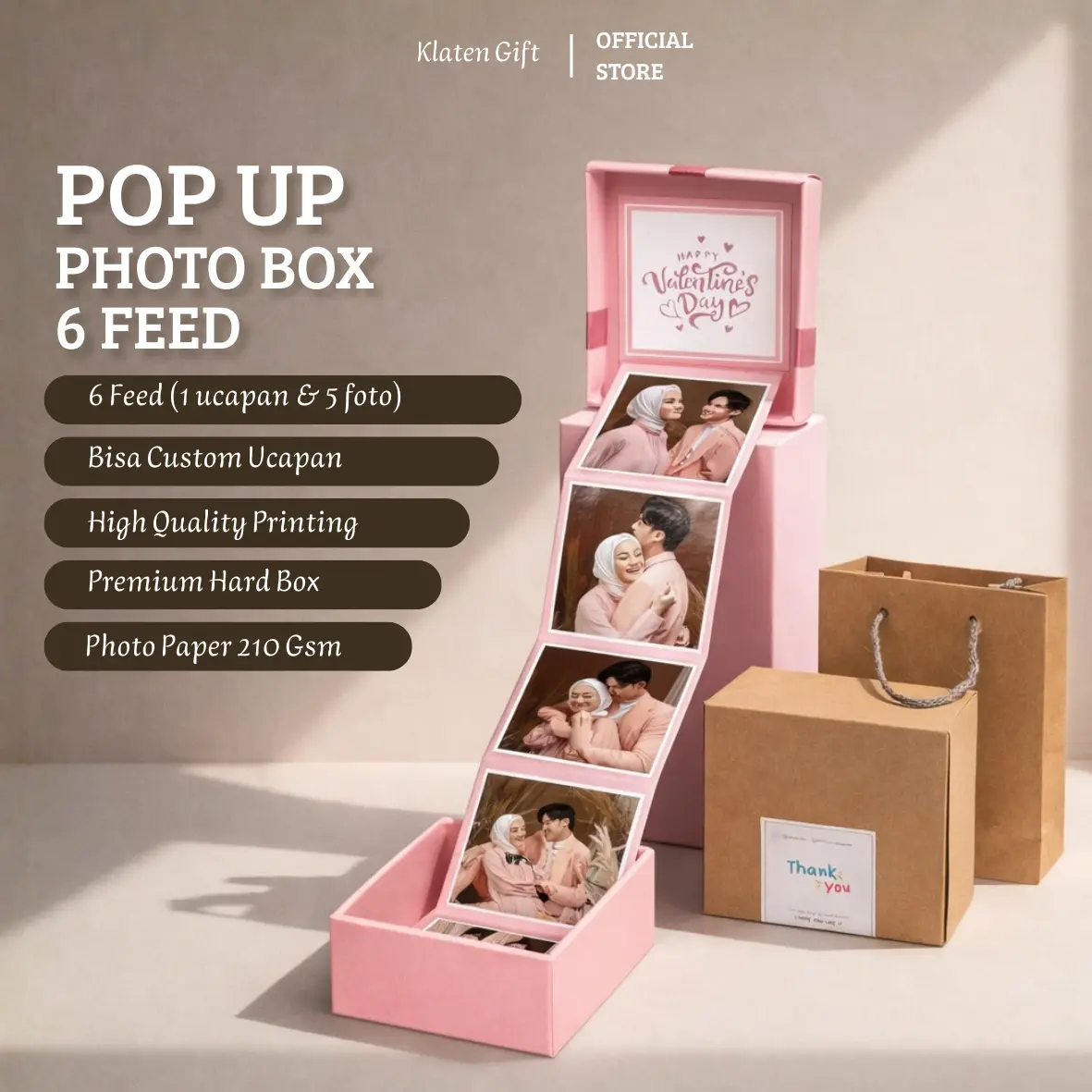 Gift Box Foto Pop Up Photo Box 6 Feed Kado Valentine Anniversary Ulangtahun untuk Cowok Cewek Bestie dengan 6 Feed 1 Ucapan 5 Foto Bisa Custom Ucapan High Quality Printing Premium Hard Box