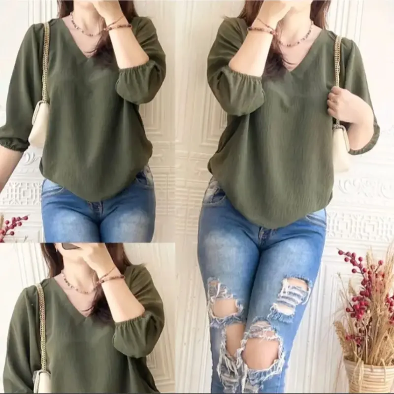 BLUS WANITA VNECK ASFA 3 PCS TANGAN PANJANG BARU Baju Karet Kuning Putih Atasan Hitam Cewek Hanya Boleh Dicuci Dengan Tangan White Kerah Kaos Kerah Polos Katun Basics White Blouses & Shirts Nyaman Army 2