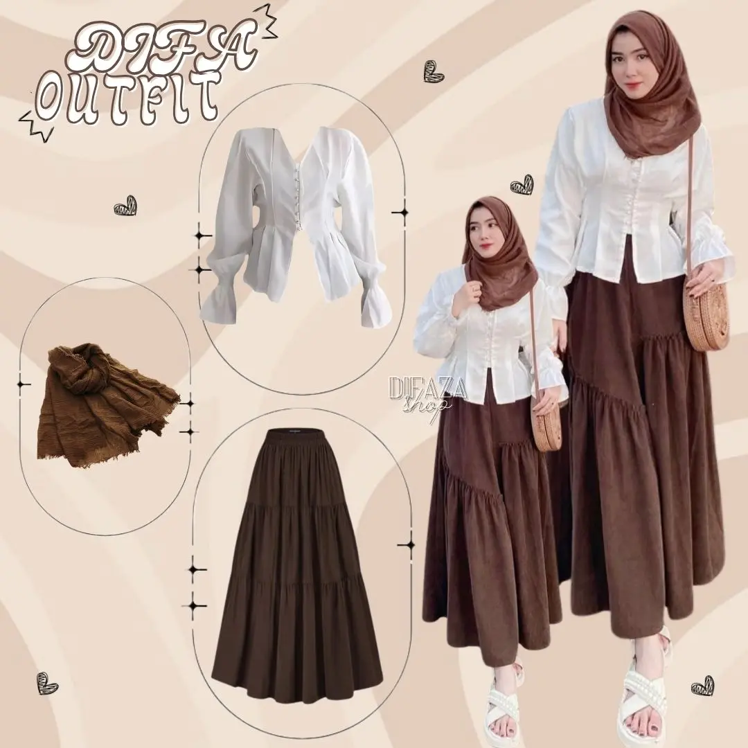 Oneset 3in1 (BLOUSE + JILBAB + ROK) OOTD Bukber White & Brown Wanita Korean Style - DF585