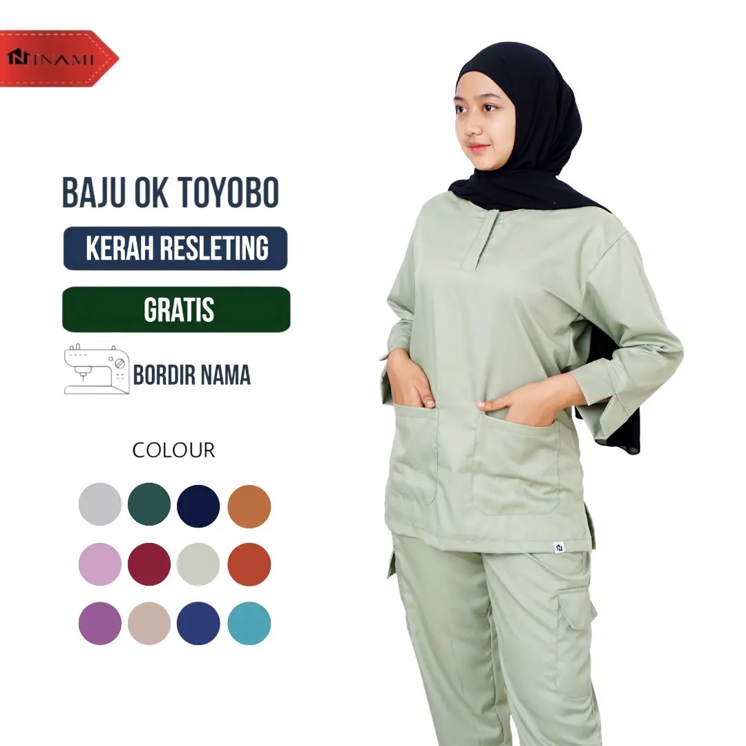 (Free Bordir Nama) Baju Ok Oka Resleting Depan Setelan Wanita Lengan 7/8 Celana Panjang Baju Nakes Pakaian Kerja Perawat Bahan Toyobo One Set Wanita
