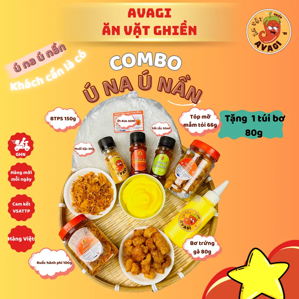 Bánh tráng Phơi Sương COMBO Ú Ù AVAGI (Bánh tráng, Tóp mỡ, túi Bơ, Ruốc hành phi, sốt tắc, ớt rim)  - Snack Vặt Avagi Siêu Hot